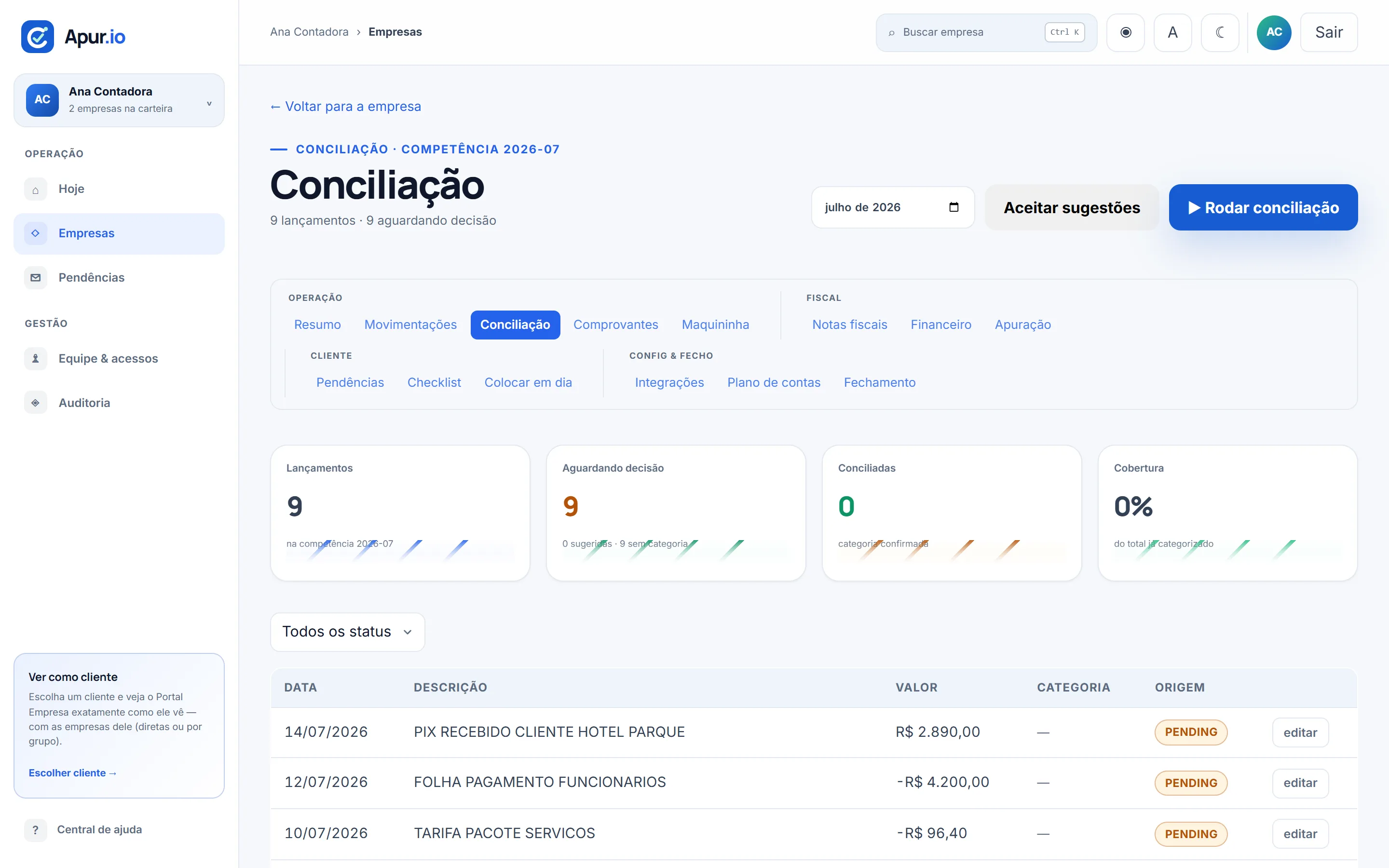 Tela de Conciliação do Apurio: total de lançamentos, quantos aguardam decisão, cobertura de categorização e a lista de transações.