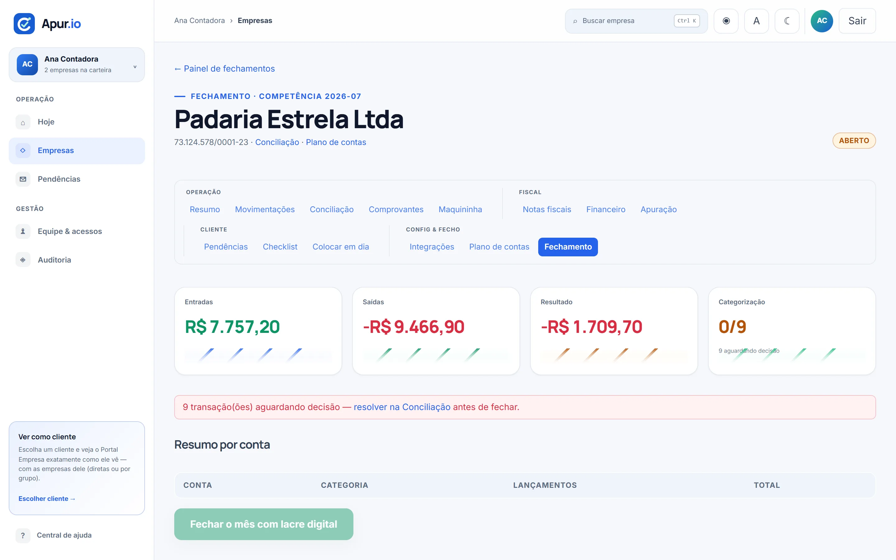 Tela de Fechamento do Apurio: entradas, saídas, resultado, categorização pendente e o botão de fechar o mês com lacre digital.